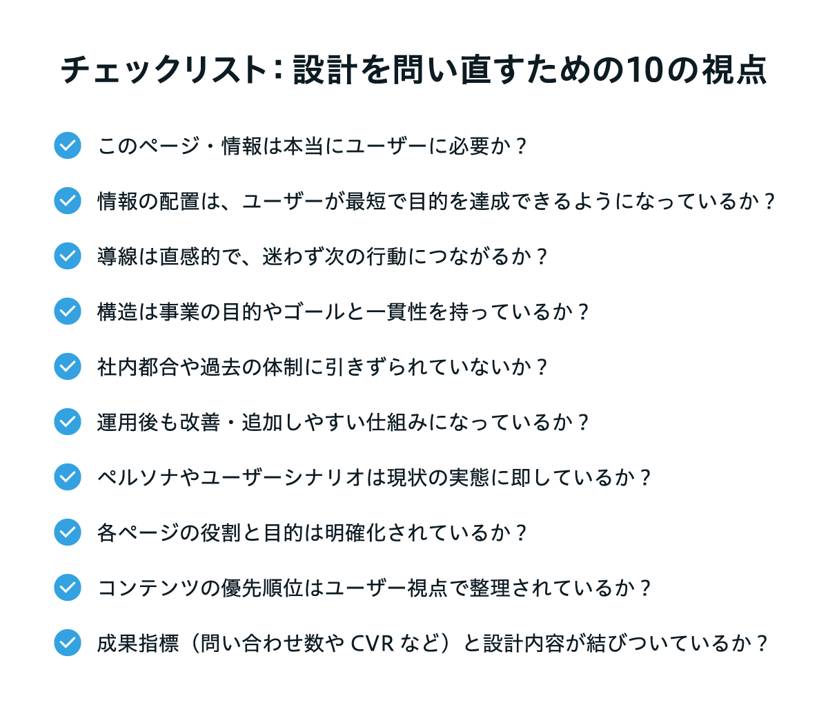 設計を問い直すための10の視点をまとめたチェックリスト。1.このページ・情報は本当にユーザーに必要か。2.情報の配置は目的達成を支援しているか。3.導線は直感的で行動につながるか。4.構造は事業目的と一貫性を持っているか。5.社内都合に引きずられていないか。6.改善しやすい仕組みになっているか。7.ペルソナやシナリオは実態に即しているか。8.各ページの目的は明確か。9.優先順位はユーザー視点で整理されているか。10.成果指標と設計内容が結びついているか。
