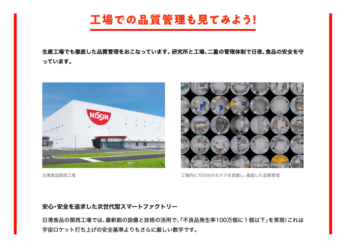 キャプチャ：日清食品株式会社のカップヌードルの裏側サイトの原材料への取り組みについて説明したページの「工場での品質管理も見てみよう！」の章