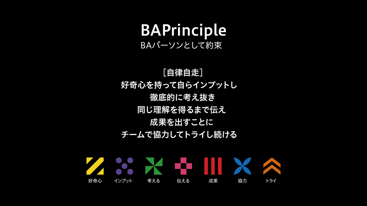 BA Principle（BAパーソンとして約束）：[自律自走]好奇心を持って自らインプットし徹底的に考え抜き同じ理解を得るまで伝え成果を出すことにチームで協力してトライし続ける