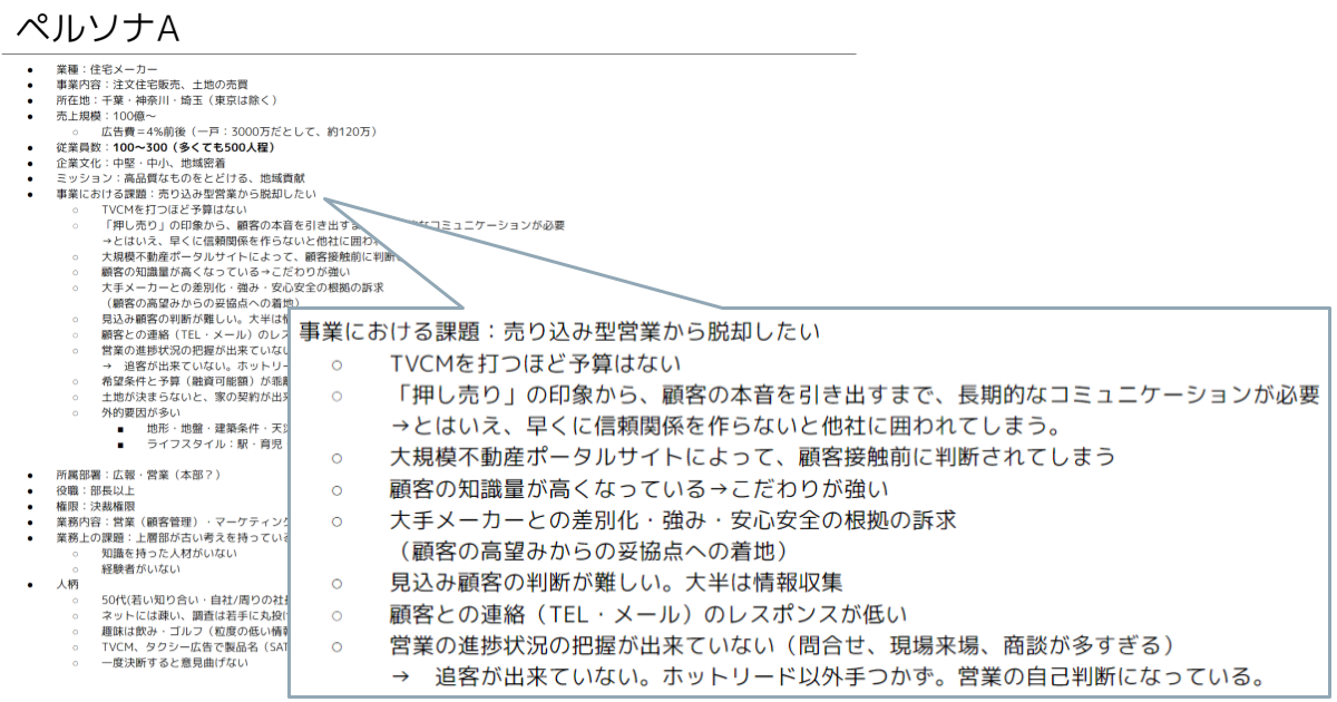 作成したペルソナAさん:会社概要や所属部署、事業・業務上の課題、人柄などを整理する