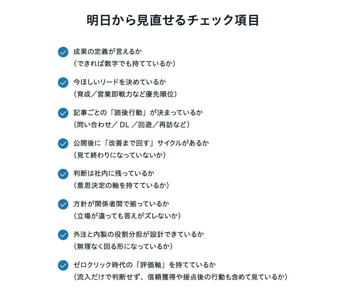 コンテンツマーケ運用を見直すためのチェックリストとして、①成果の定義が言えるか(できれば数字でも持てているか)、②今ほしいリードを決めているか(育成/営業即戦力など優先順位)、③記事ごとの読後行動が決まっているか(問い合わせ/DL/回遊/再訪など)、④公開後に改善まで回すサイクルがあるか(見て終わりになっていないか)、⑤判断は社内に残っているか(意思決定の軸を持てているか)、⑥方針が関係者間で揃っているか(立場が違っても答えがズレないか)、⑦外注と内製の役割分担が設計できているか(無理なく回る形になっているか)、⑧ゼロクリック時代の評価軸を持てているか(流入だけで判断せず信頼獲得や接点後の行動も含めて見ているか)を挙げた図